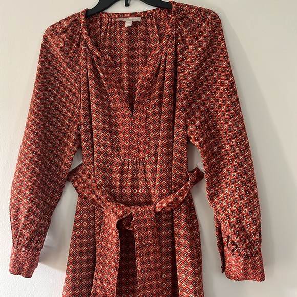 BANANA REPUBLIC Long Sleeve Belted Mini Dress Printed Rust Orange 14P - Picture 2 of 16